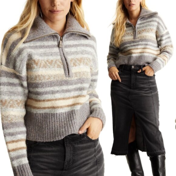 FRYE Fair-Isle Striped Half Zip Cropped Sweater Rose Beige Combo Size Medium NWT